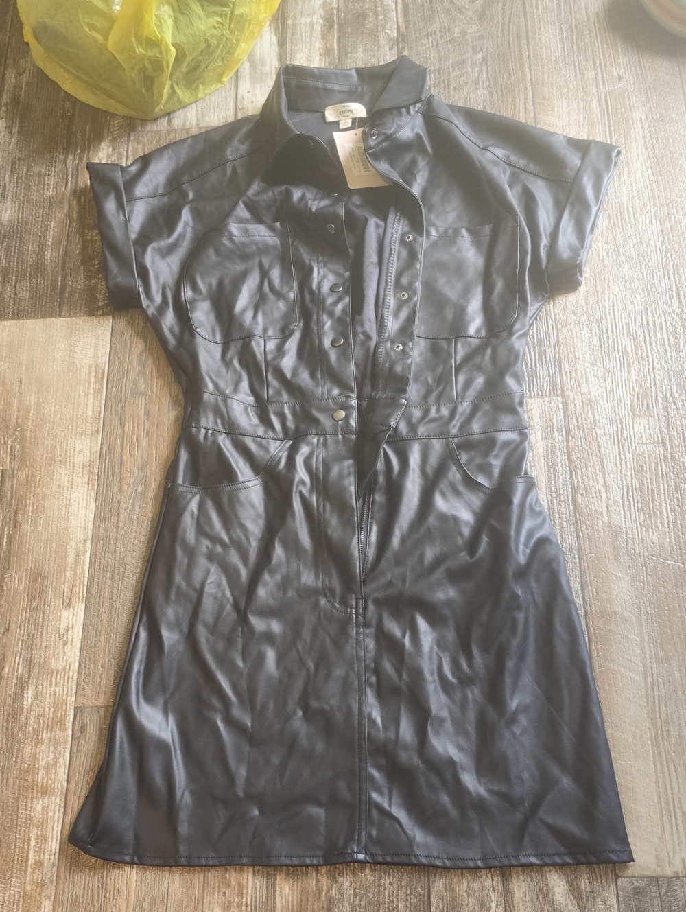 entro Black Faux Leather Mini Shirt Dress